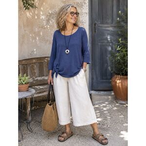Habitat Size Medium Blue Cotton Knit Top Twist Hem 3/4 Sleeve Artsy Lagenlook